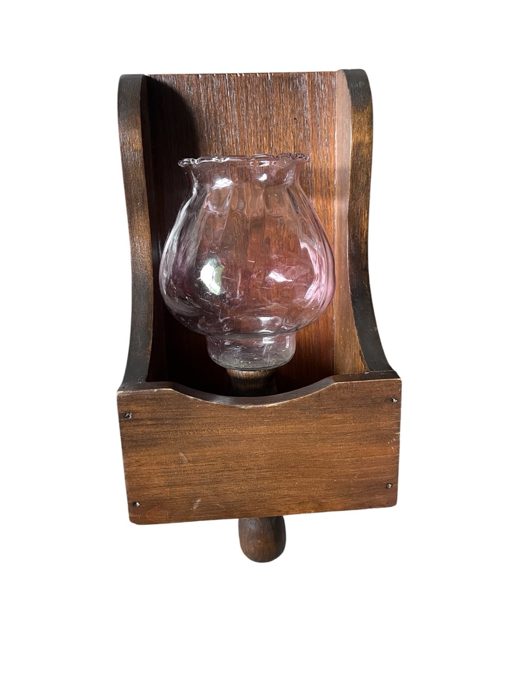 Vintage Wood Wall Sconce with Pink Glass Candle holder